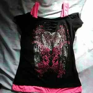 Wound up black and hot pink top